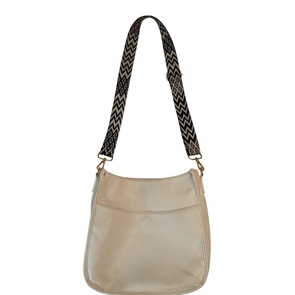 White Faux Leather Shoulder Bag With Geometric Strap & Gold Hardware